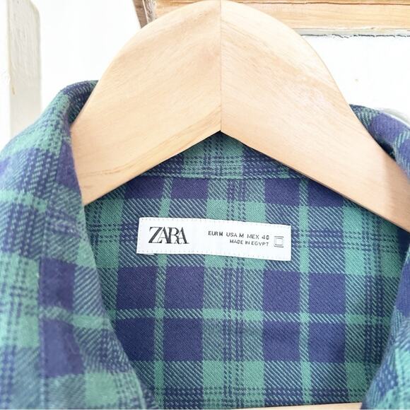 Zara Green Blue Plaid Cotton Button-Down Long Sleeves Collared Shirt Size M - Picture 3 of 6